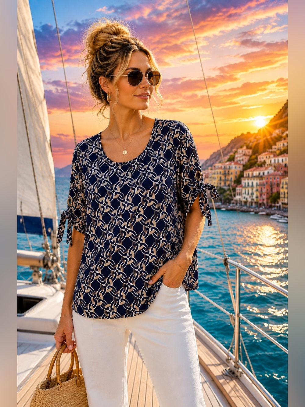 Emi & Joe Navy Blue Chain Print Bow Tie Sleeve Blouse L | Coastal Chic Top